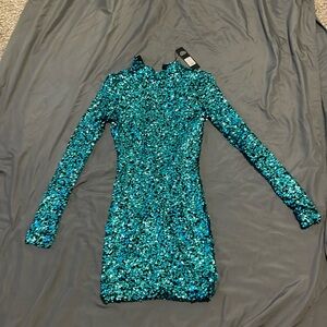 Turquoise long sleeve sequin mini dress Fashion Nova XS